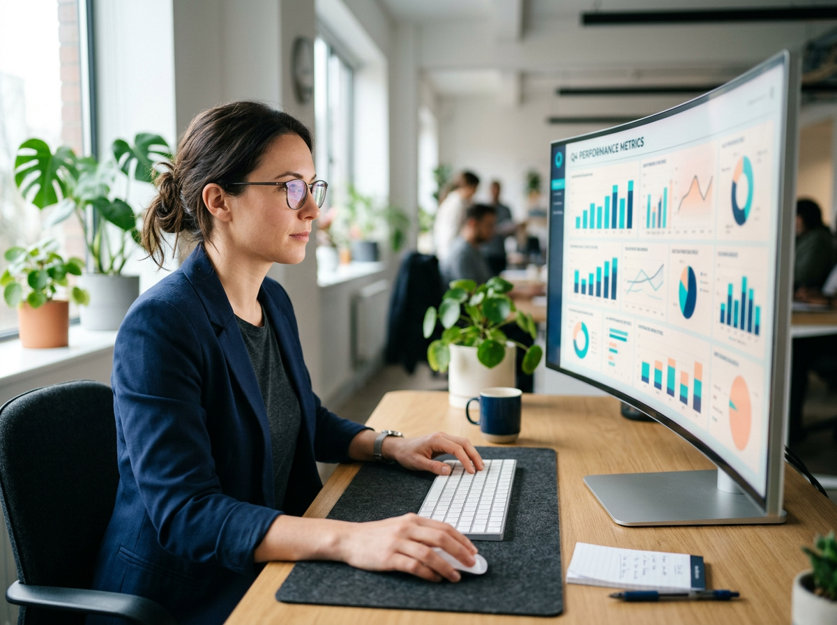 TallySmart analyst reviewing dashboards in a modern office