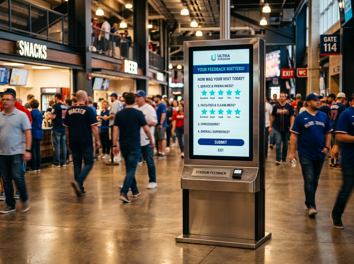 TallySmart self-service feedback kiosk on a stadium concourse