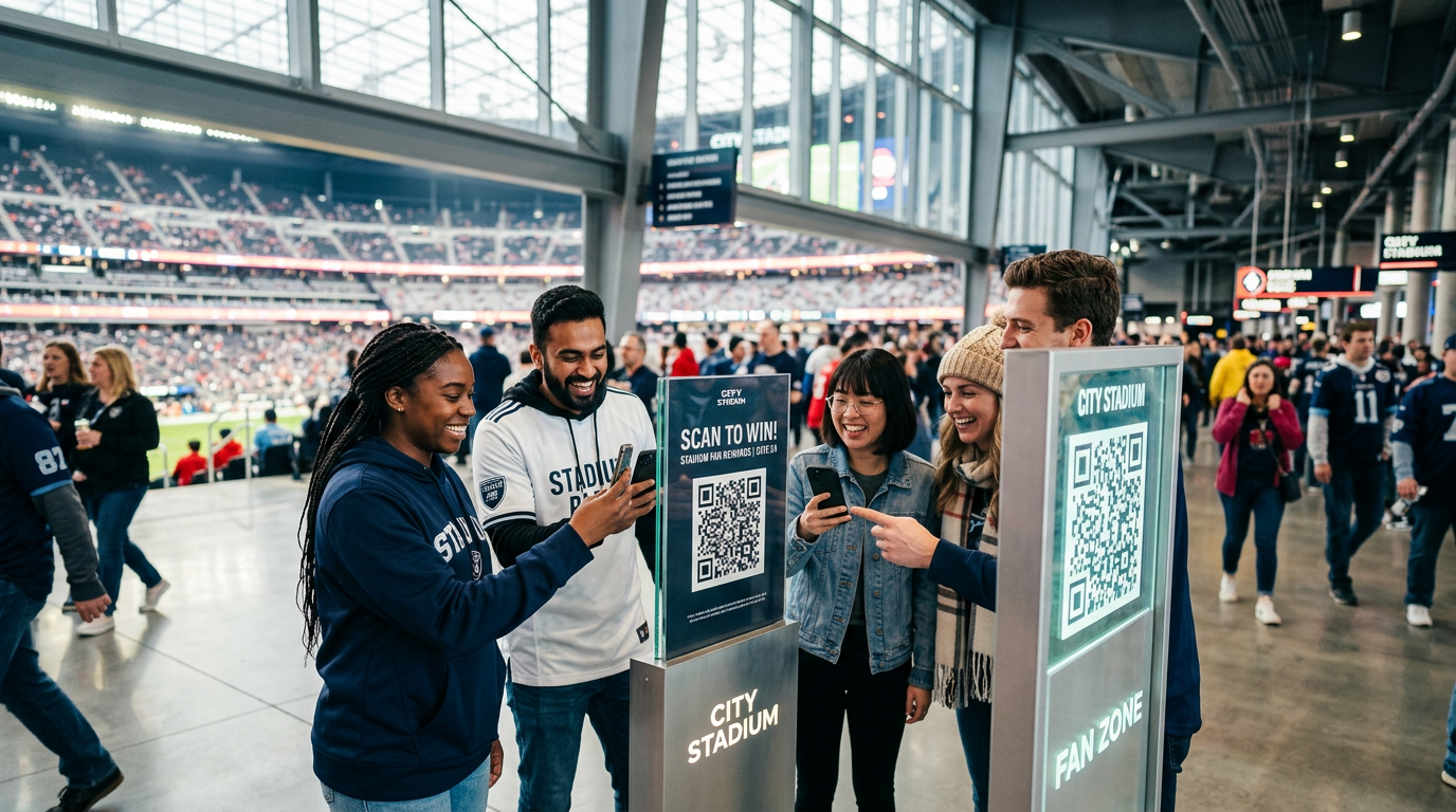 Guests scanning a TallySmart QR code on a stadium concourse